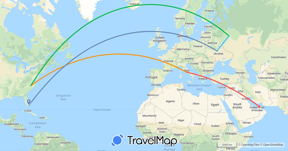 TravelMap itinerary: driving, bus, cycling, hiking, boat, hitchhiking in United Arab Emirates, Italy, Russia, Ukraine, United States (Asia, Europe, North America)